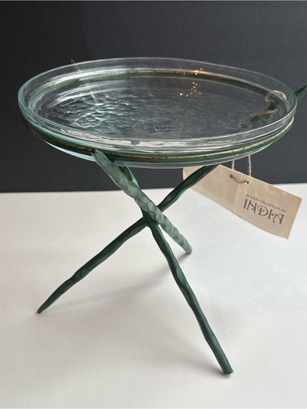 8” Sculptural Glass Pedestal Tray / Decorative Accent Stand Green Tripod Base